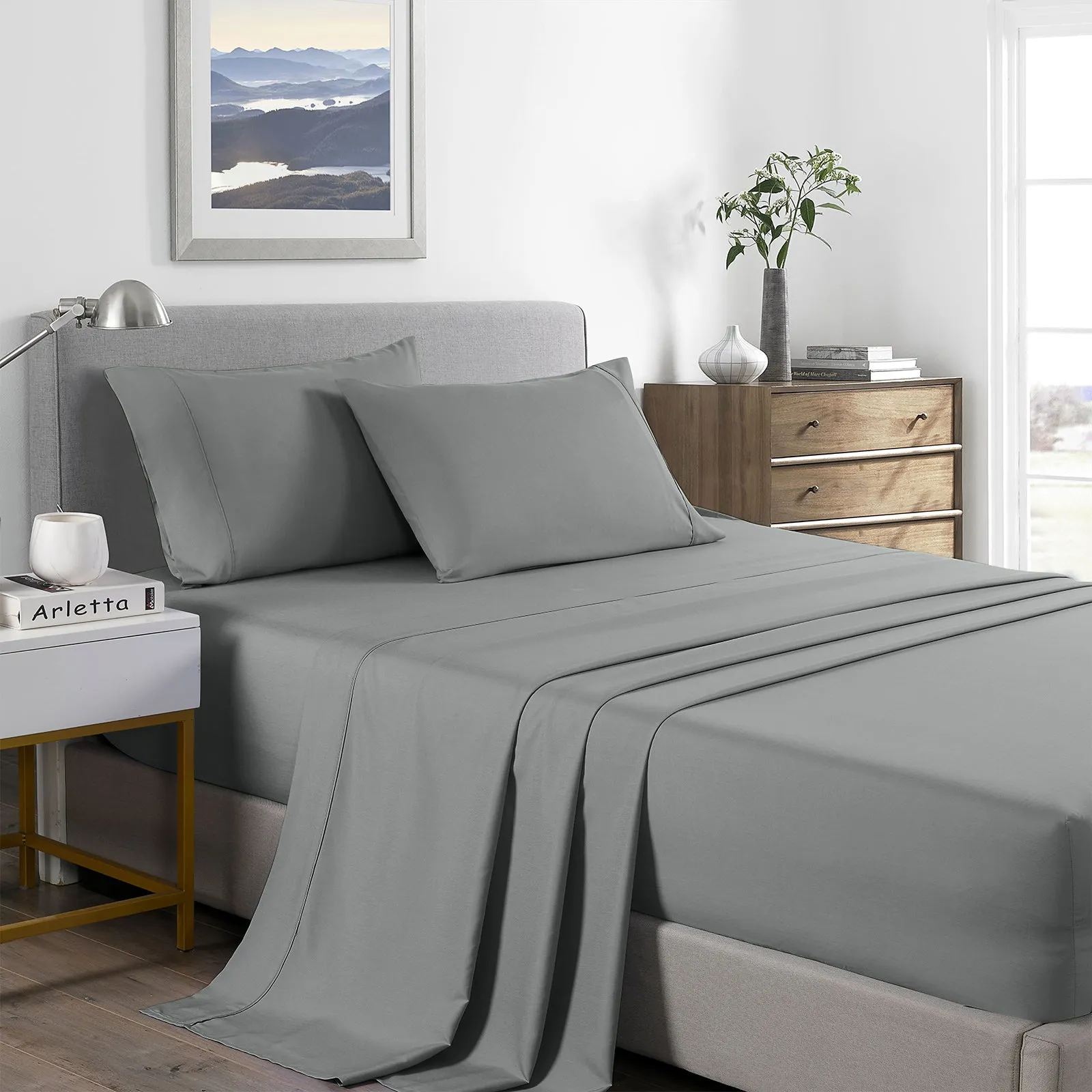 2000 Thread Count Bamboo Cooling Sheet Set | Ultra Soft Bedding | King | Mid Grey