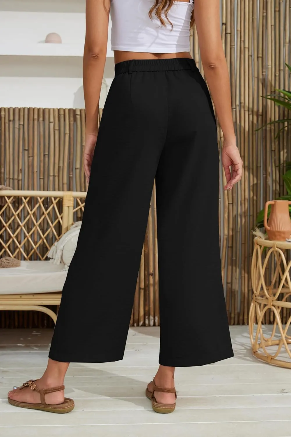 2025 Summer for Women Elastic Waist Wide Leg Cropped Pants Trousers Loose Fit with Pockets