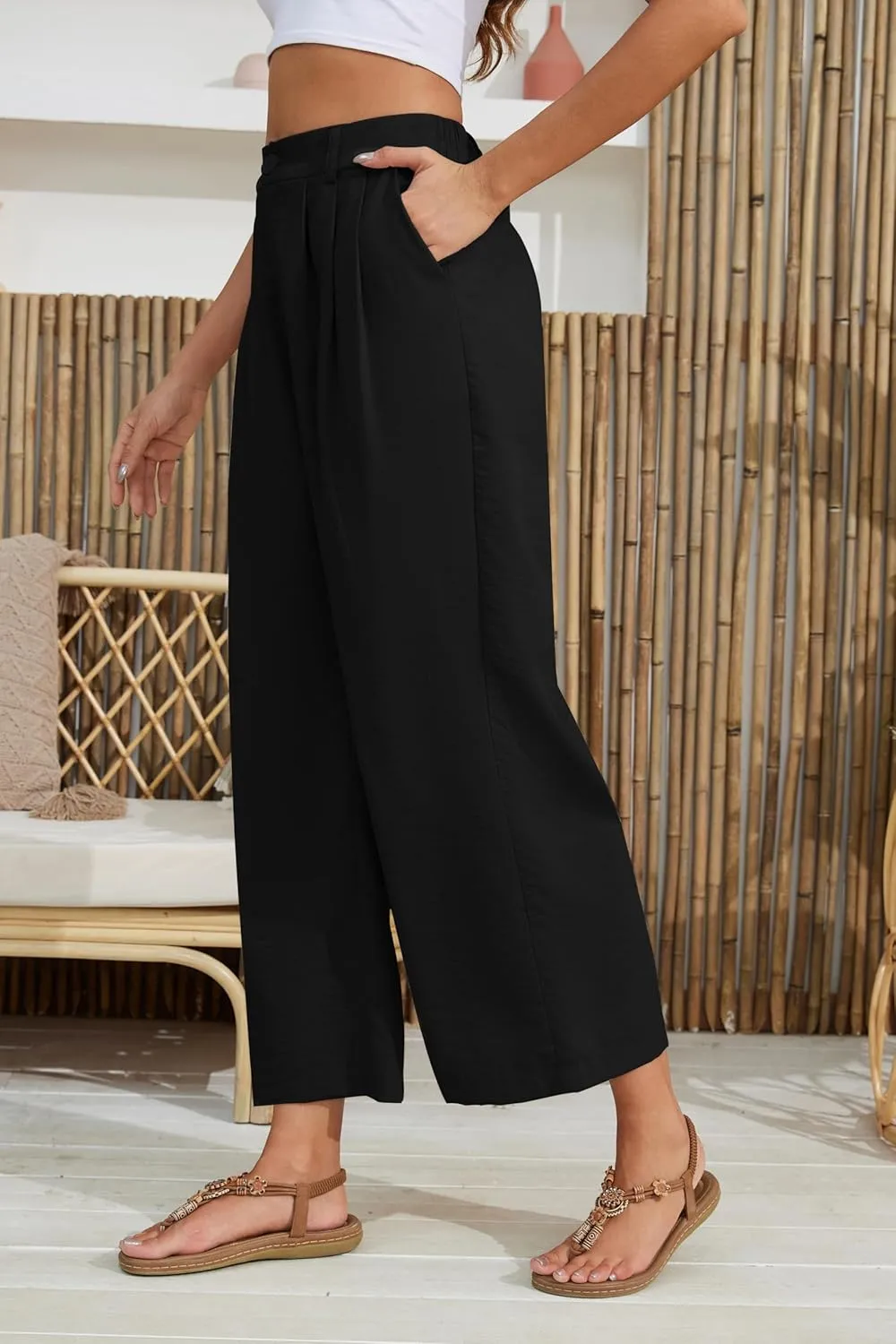 2025 Summer for Women Elastic Waist Wide Leg Cropped Pants Trousers Loose Fit with Pockets