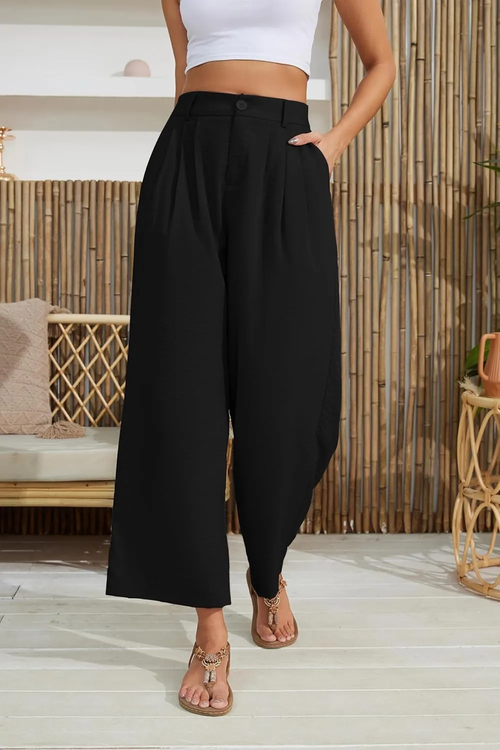 2025 Summer for Women Elastic Waist Wide Leg Cropped Pants Trousers Loose Fit with Pockets