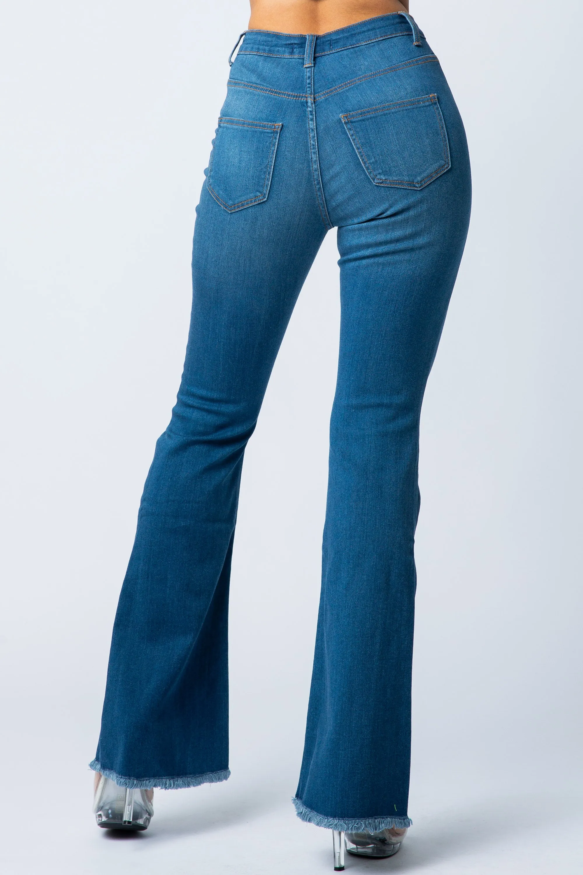 2040 Women's High Waisted Raw Hem Frayed Flare Jeans