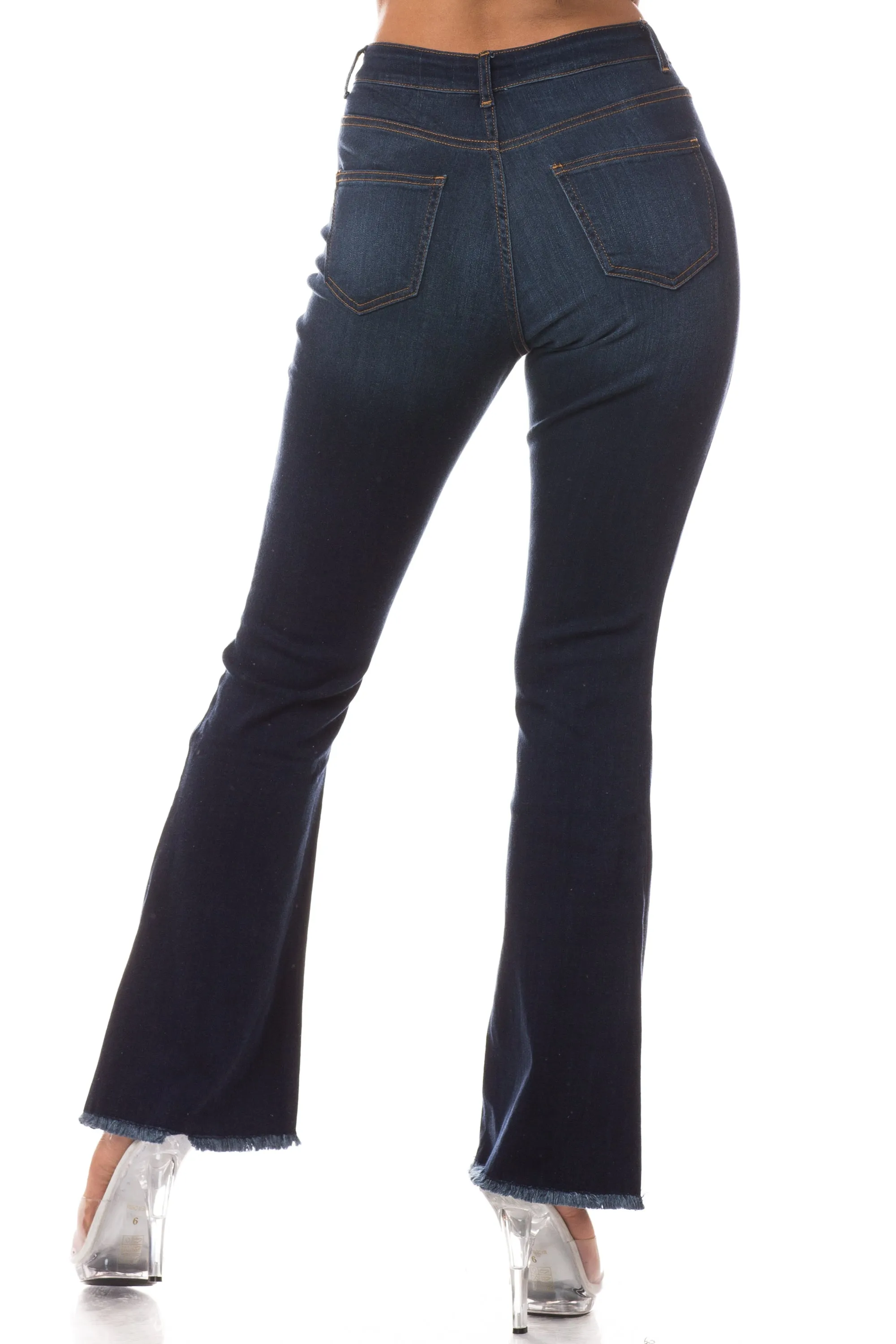 2040 Women's High Waisted Raw Hem Frayed Flare Jeans