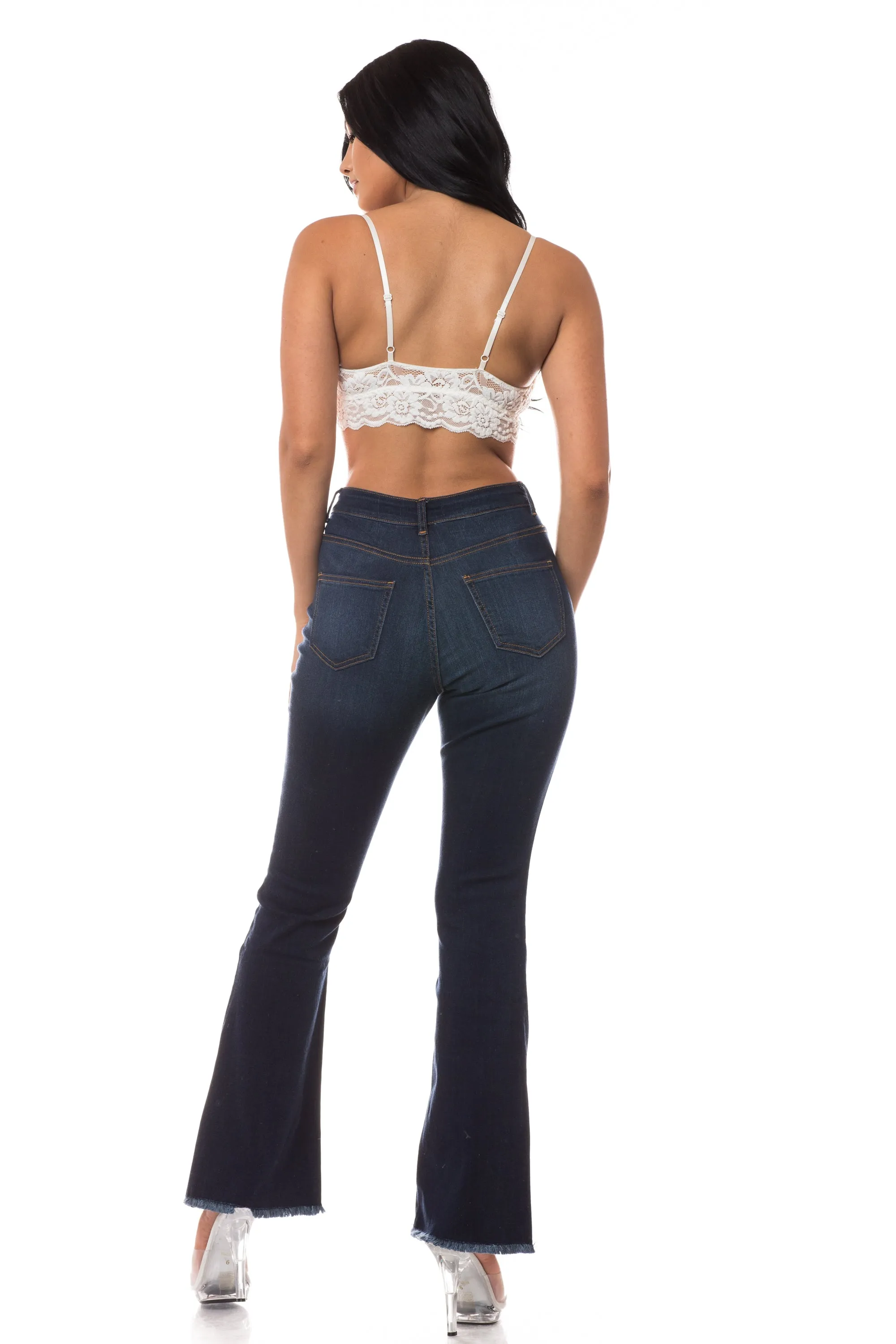 2040 Women's High Waisted Raw Hem Frayed Flare Jeans