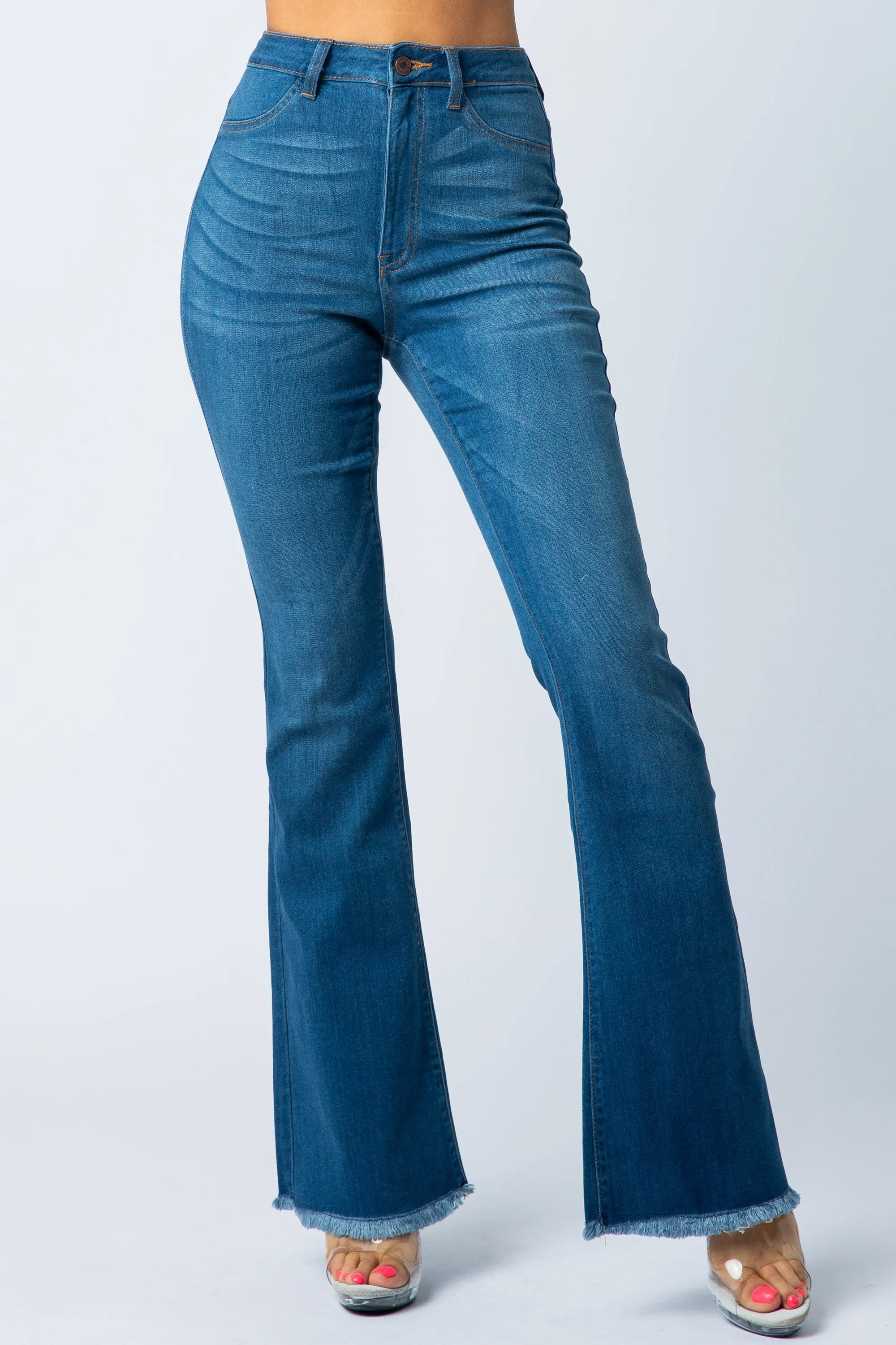 2040 Women's High Waisted Raw Hem Frayed Flare Jeans