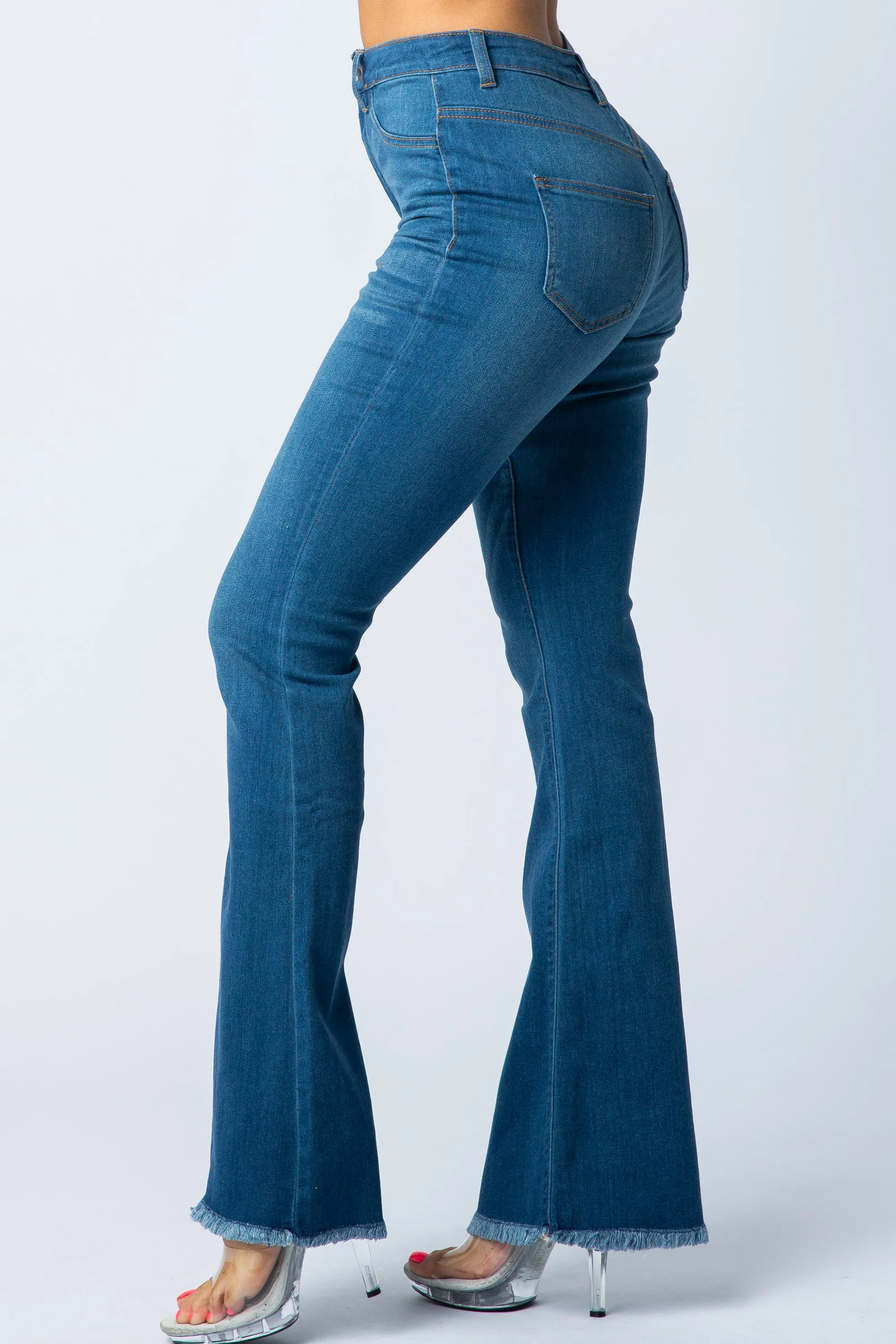 2040 Women's High Waisted Raw Hem Frayed Flare Jeans