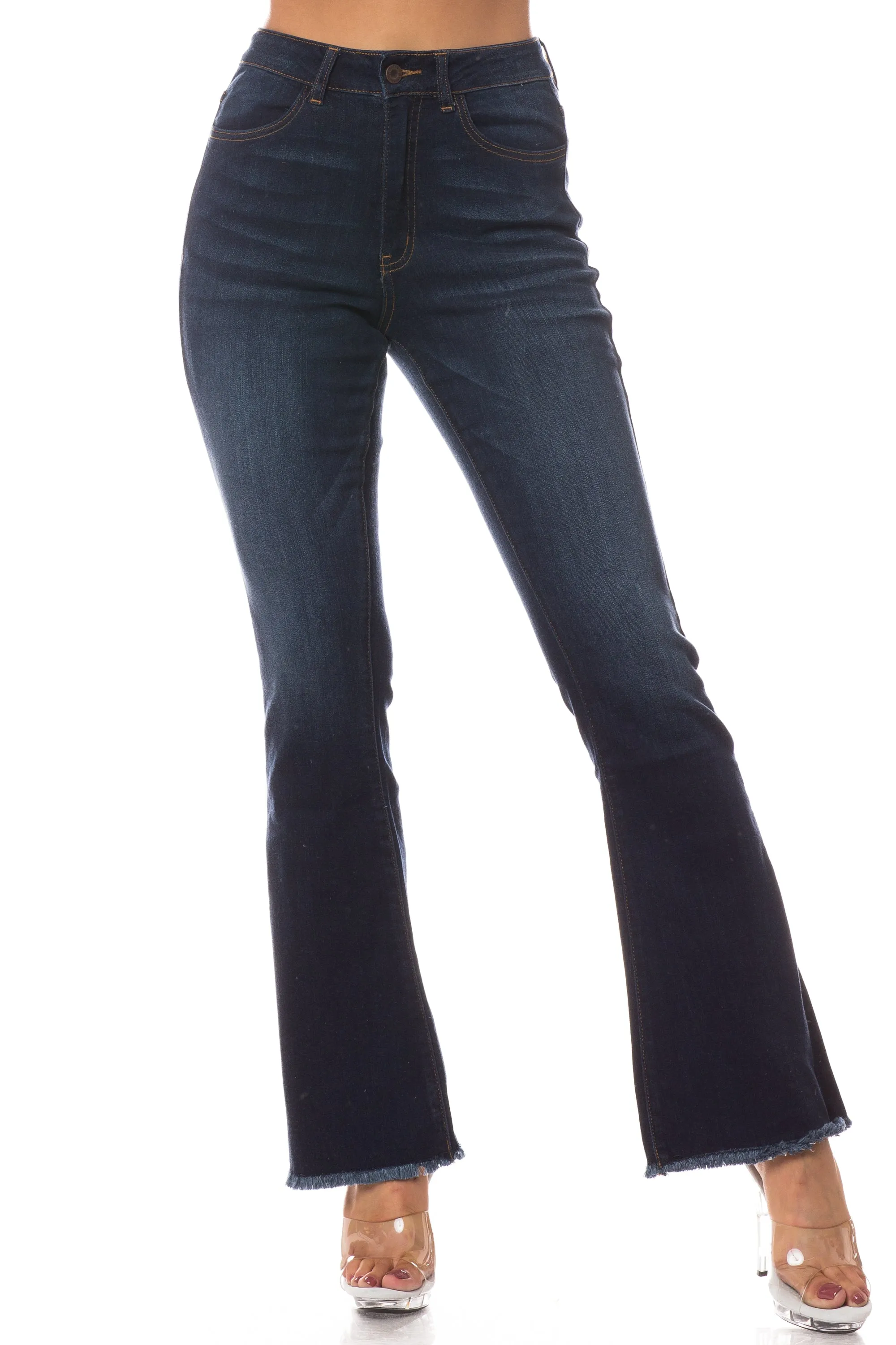 2040 Women's High Waisted Raw Hem Frayed Flare Jeans