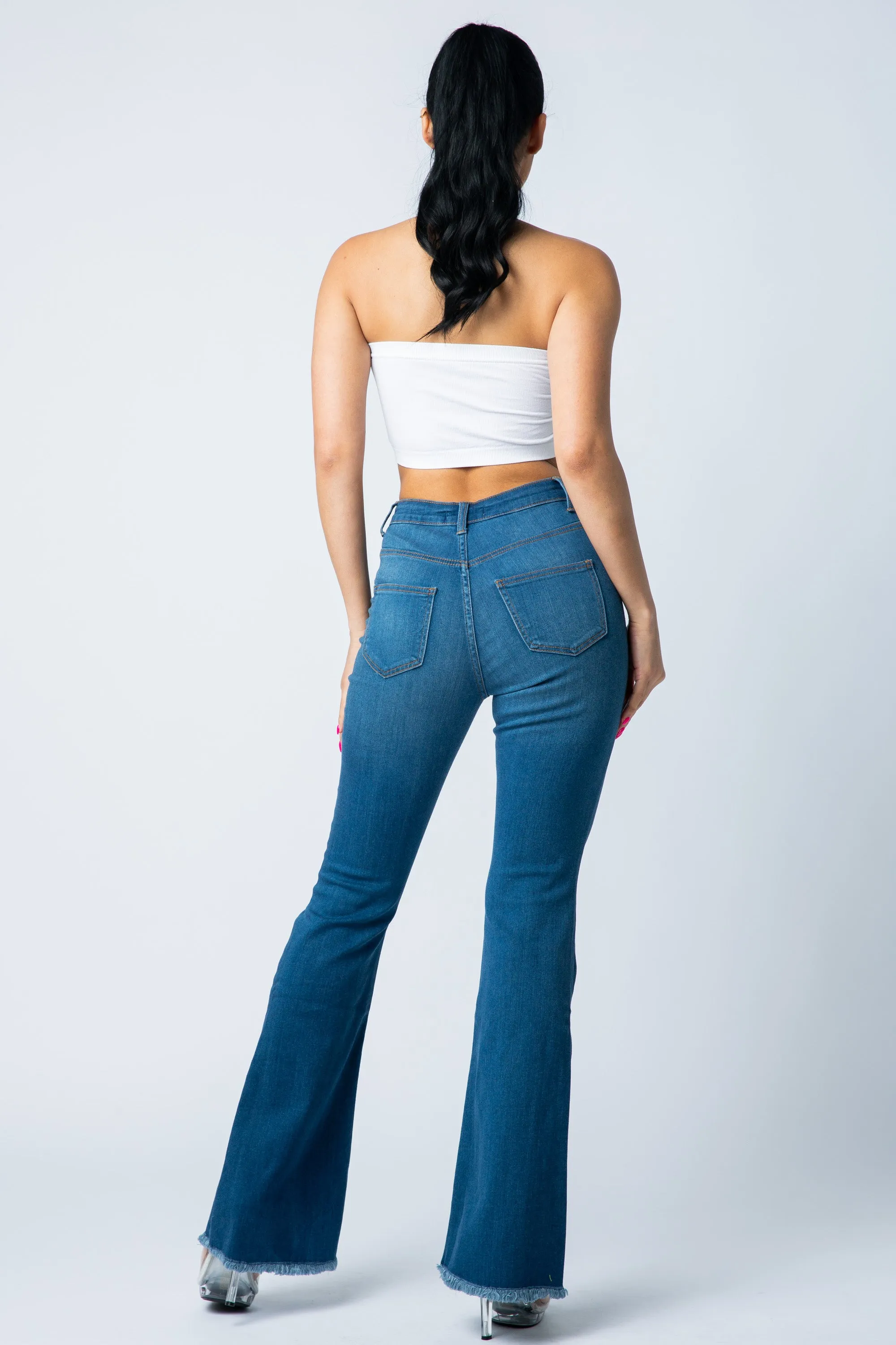 2040 Women's High Waisted Raw Hem Frayed Flare Jeans