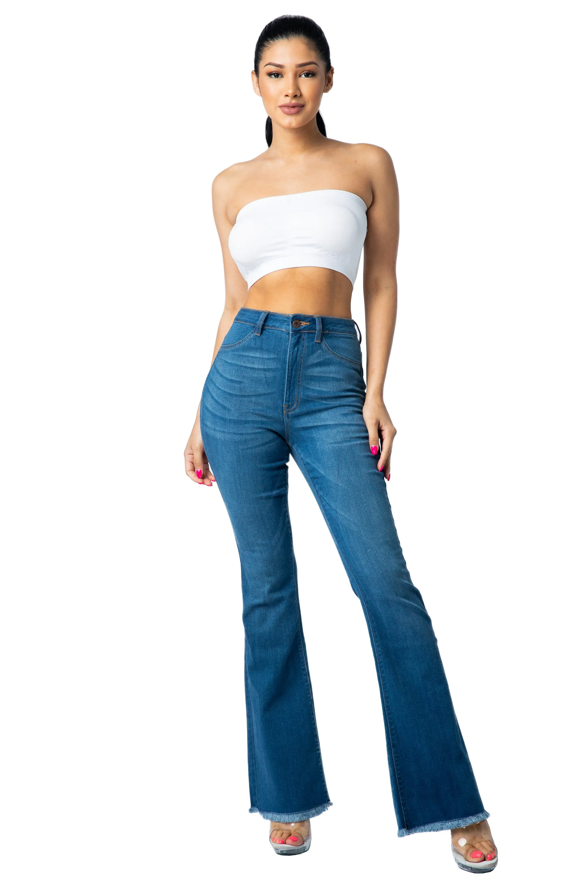 2040 Women's High Waisted Raw Hem Frayed Flare Jeans
