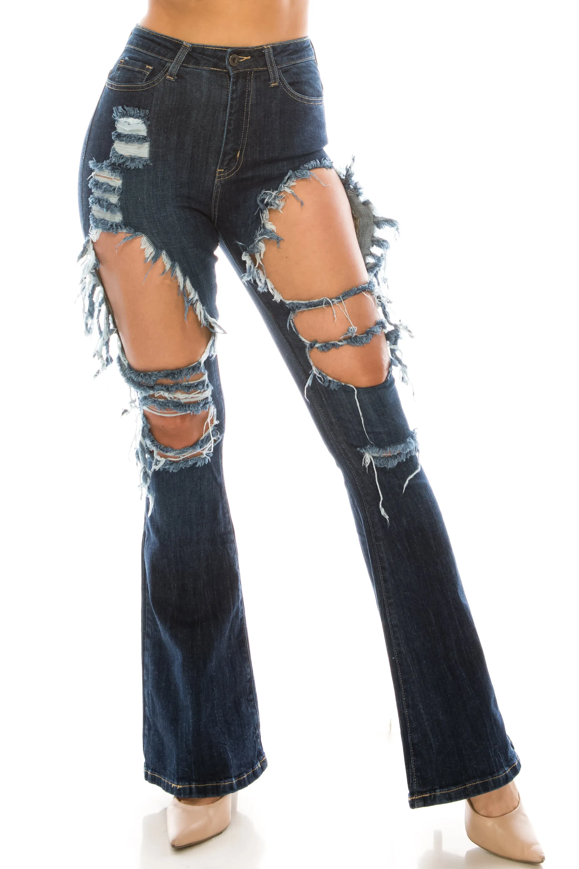 2059 Women's High Waisted Distressed Flared Jeans with Cut Outs