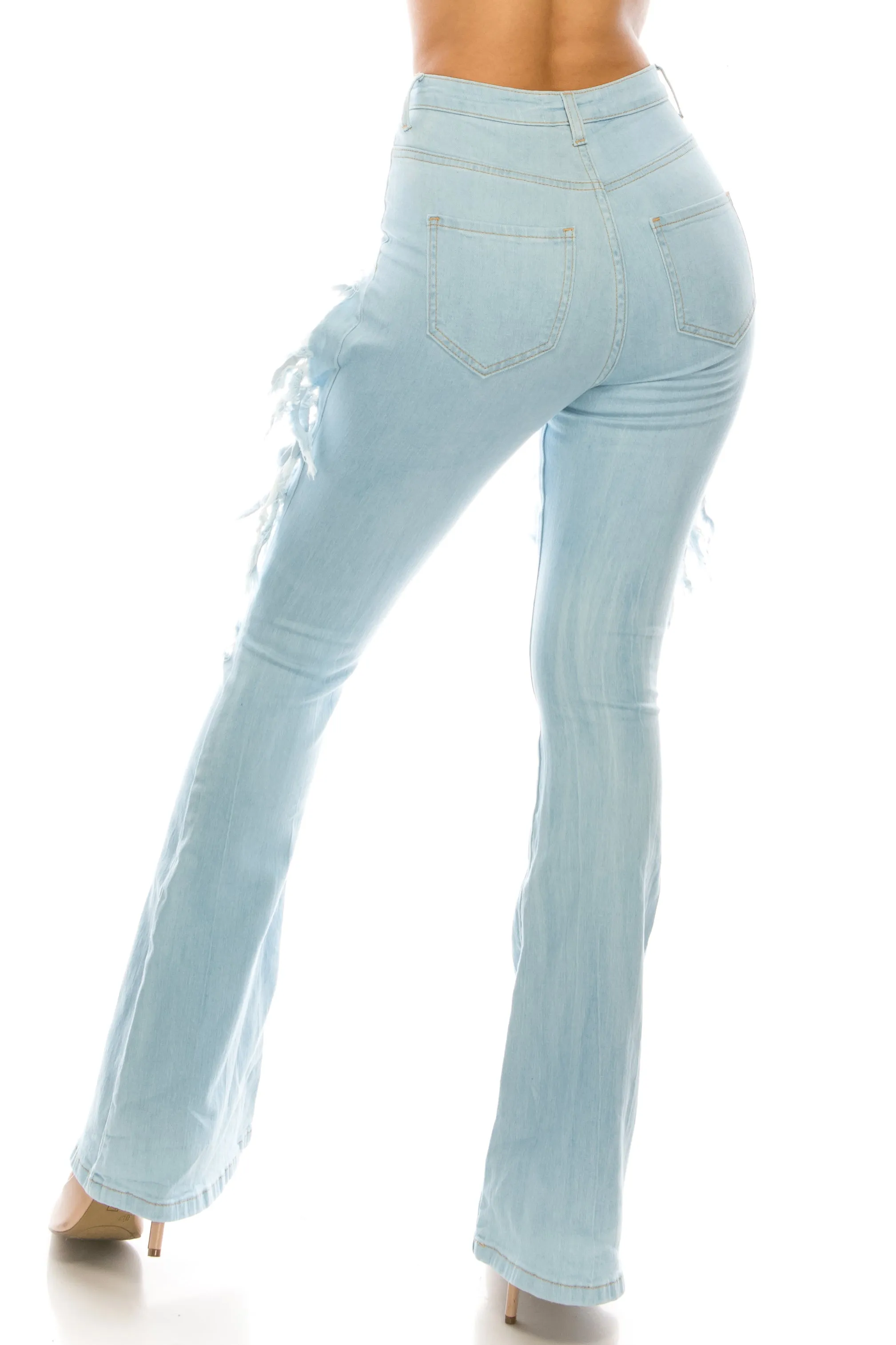 2059 Women's High Waisted Distressed Flared Jeans with Cut Outs