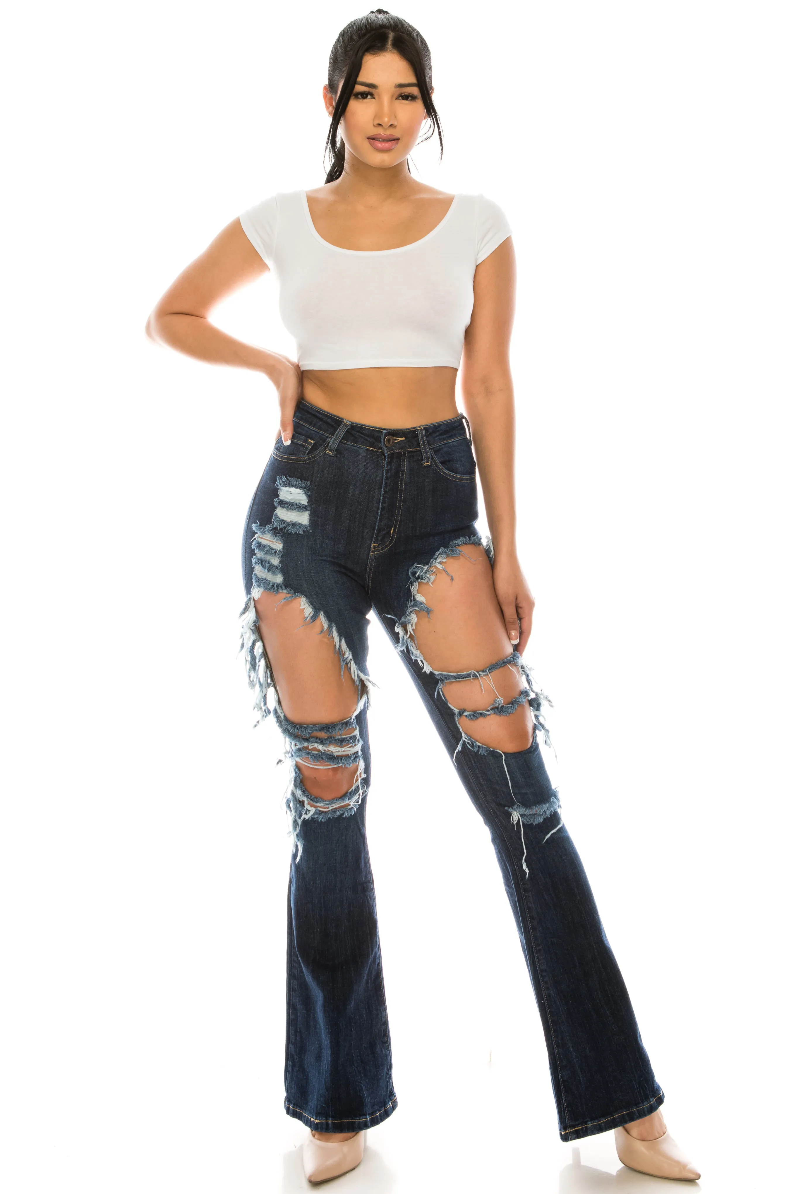 2059 Women's High Waisted Distressed Flared Jeans with Cut Outs