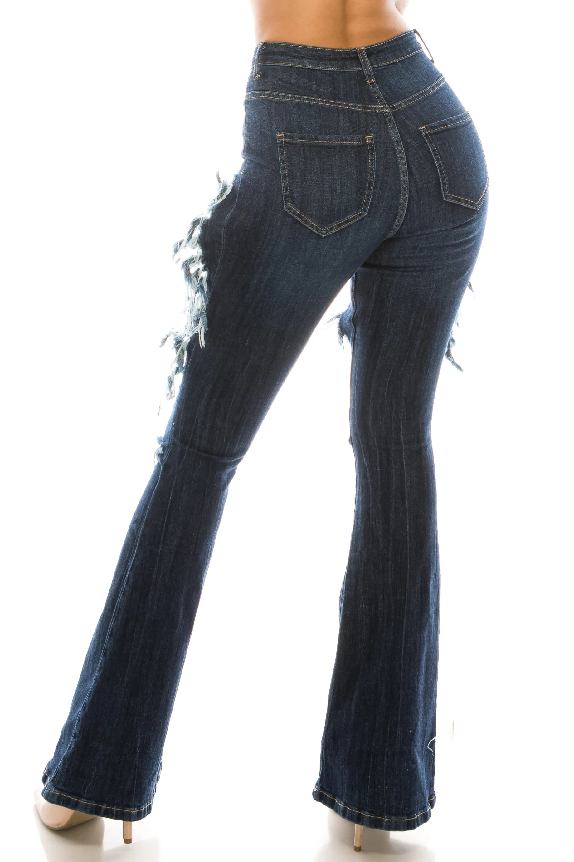 2059 Women's High Waisted Distressed Flared Jeans with Cut Outs