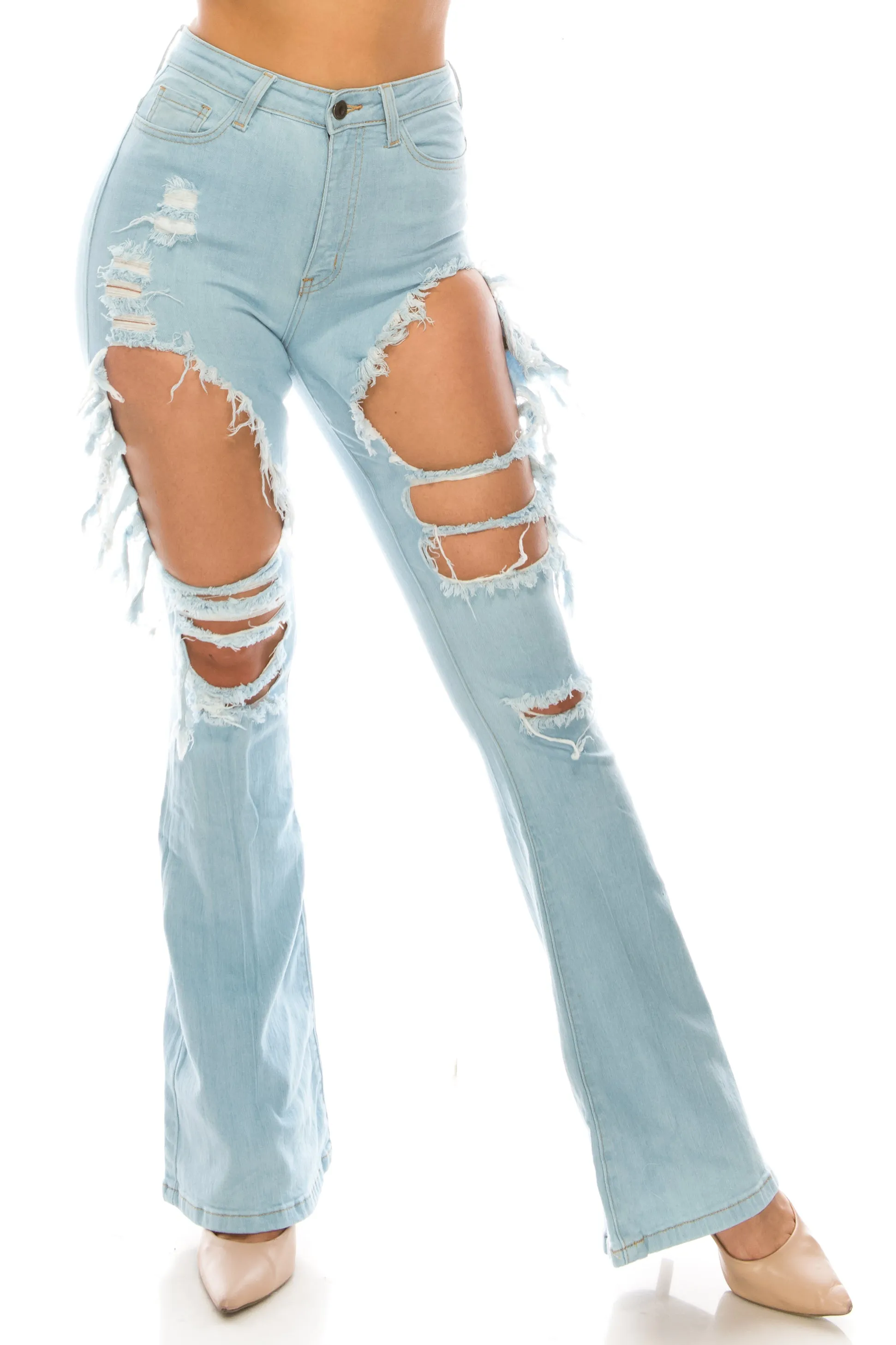 2059 Women's High Waisted Distressed Flared Jeans with Cut Outs