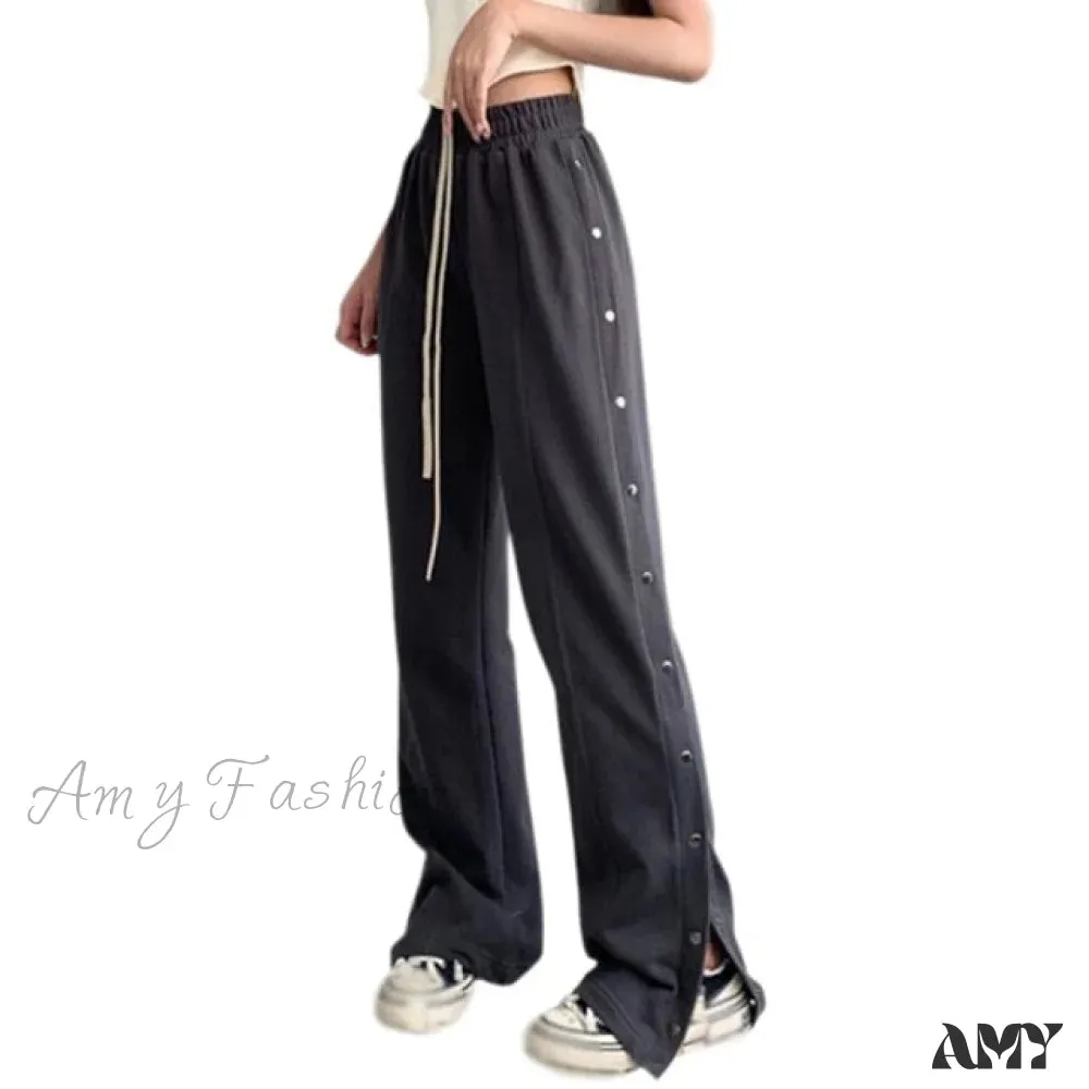 Amy Fashion - Sporty Side Button Wide Leg Track Pants