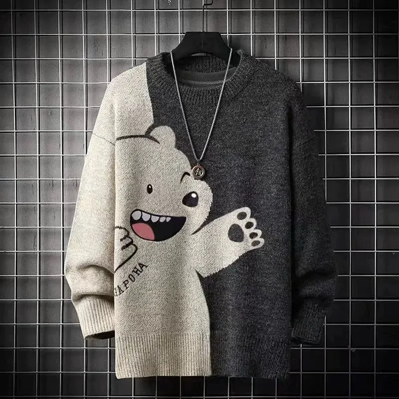 Autumn and Winter Sweater Men's Loose K-style Trendy All-Matching Warm Cotton Knitwear Teenagers Casual Long Sleeves Knitwear round Neck