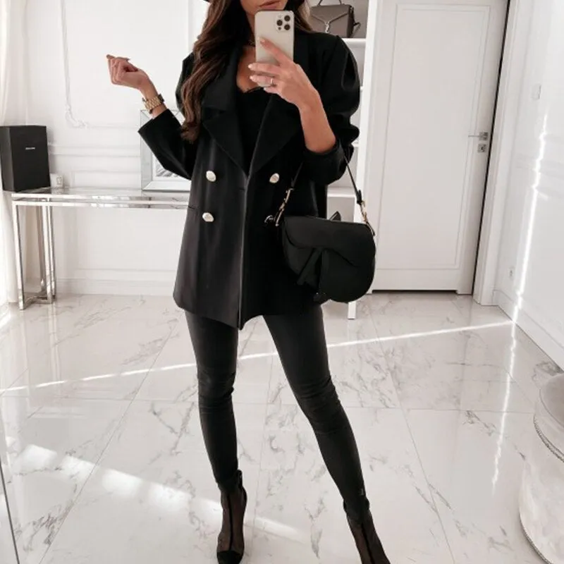 Autumn Casual Solid Color Double Breasted Coats Fashion Lapel Simple