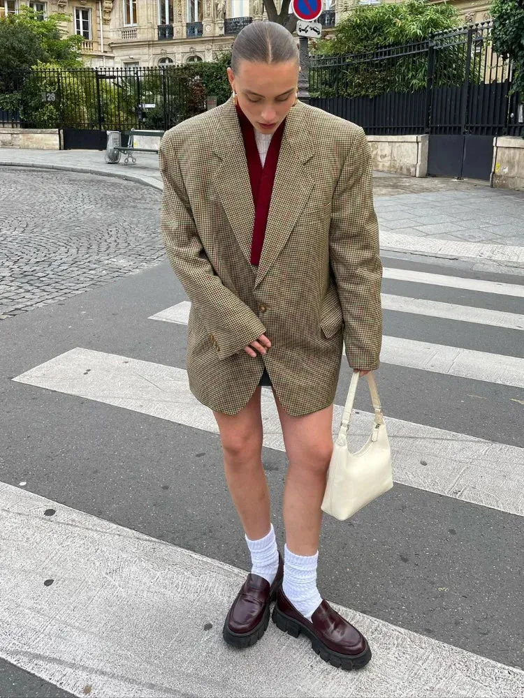 Back To School Joskaa Casual Plaid Single Breasted Classic Women's Suit Jacket Chic Long Sleeved Flip Pocket Lapel Coats New Office Commute Outerwear
