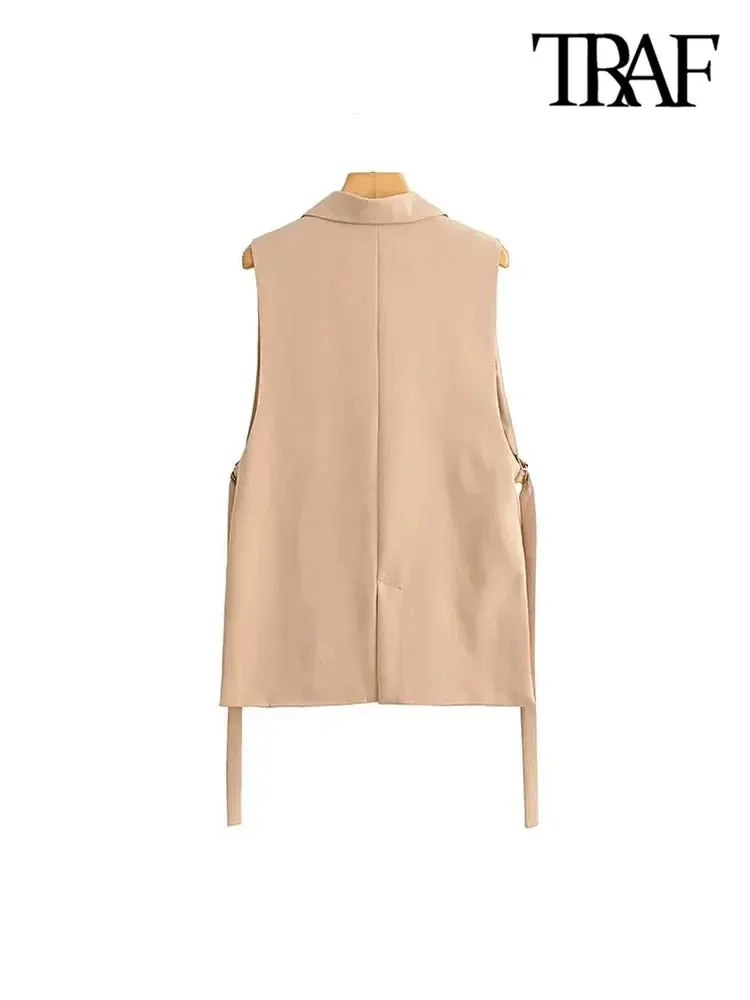 Back To School Joskaa Women Fashion With Taps Side Vents Waistcoat Vintage Sleeveless Front Button Female Outerwear Chic Vest Tops