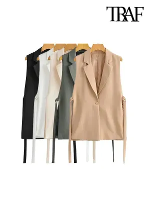Back To School Joskaa Women Fashion With Taps Side Vents Waistcoat Vintage Sleeveless Front Button Female Outerwear Chic Vest Tops