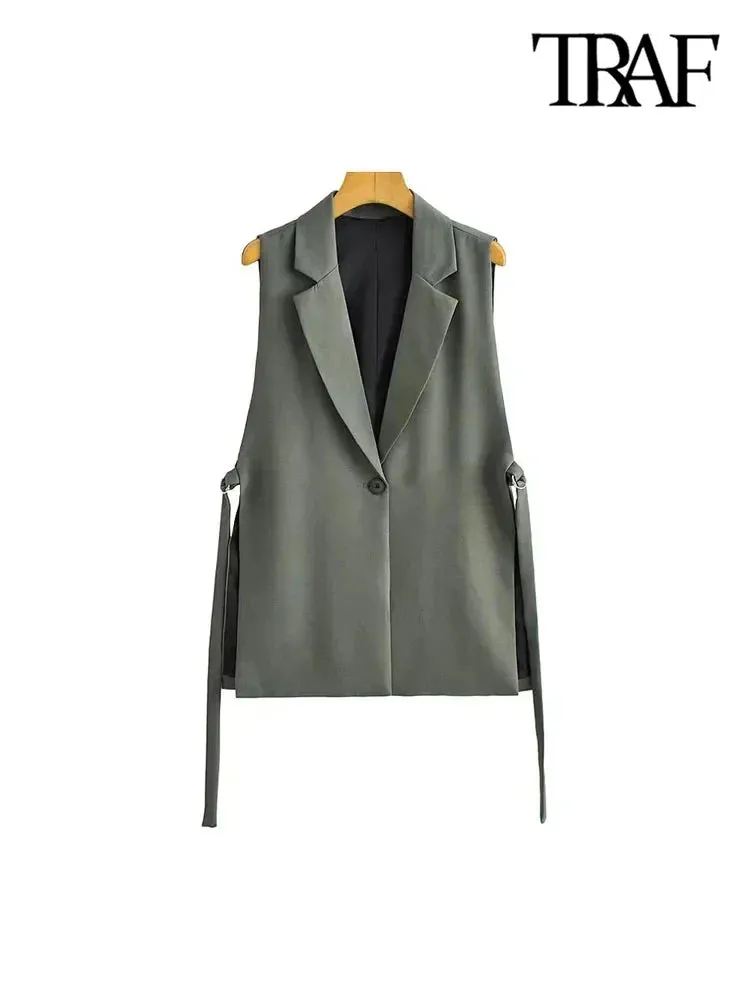 Back To School Joskaa Women Fashion With Taps Side Vents Waistcoat Vintage Sleeveless Front Button Female Outerwear Chic Vest Tops