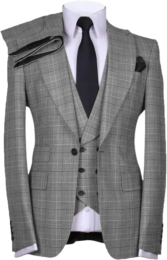 Casual Men's Suits Regular Fit 3 Pieces Double Breasted Plaid Wool Tuxedos Business Blazer Vest Pants Wedding