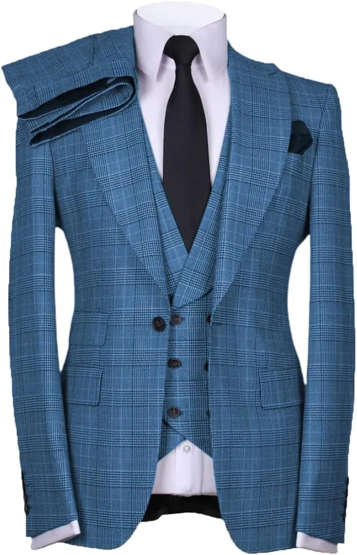 Casual Men's Suits Regular Fit 3 Pieces Double Breasted Plaid Wool Tuxedos Business Blazer Vest Pants Wedding