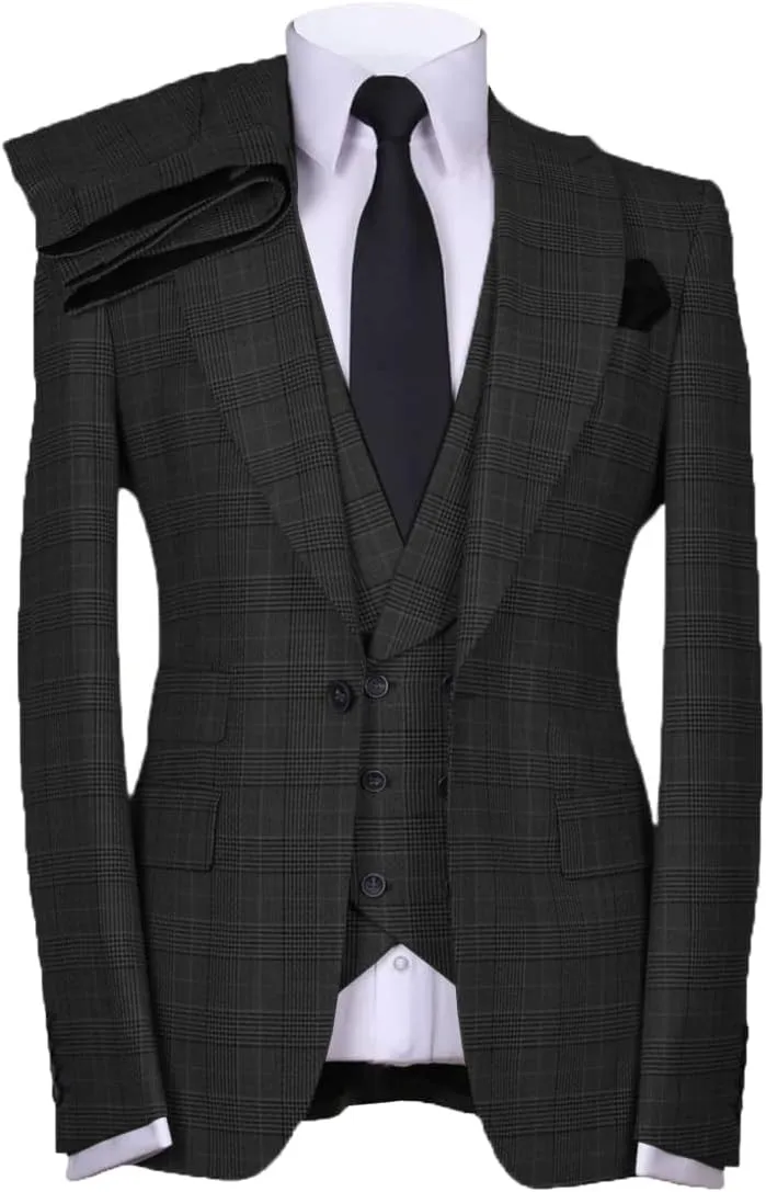 Casual Men's Suits Regular Fit 3 Pieces Double Breasted Plaid Wool Tuxedos Business Blazer Vest Pants Wedding