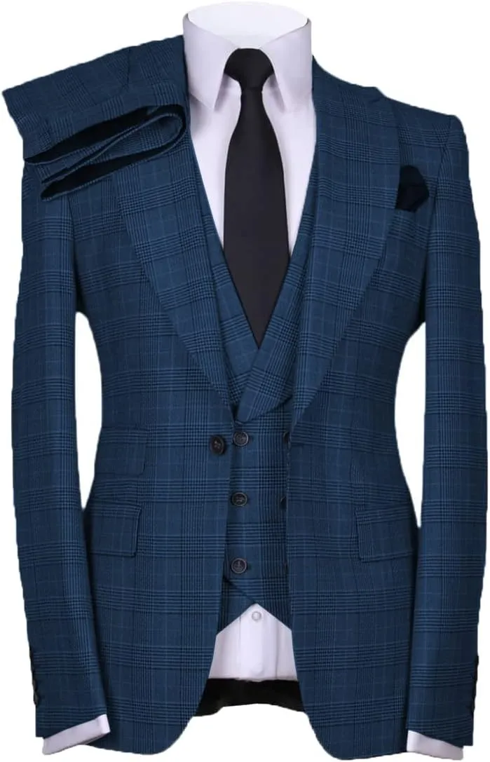 Casual Men's Suits Regular Fit 3 Pieces Double Breasted Plaid Wool Tuxedos Business Blazer Vest Pants Wedding