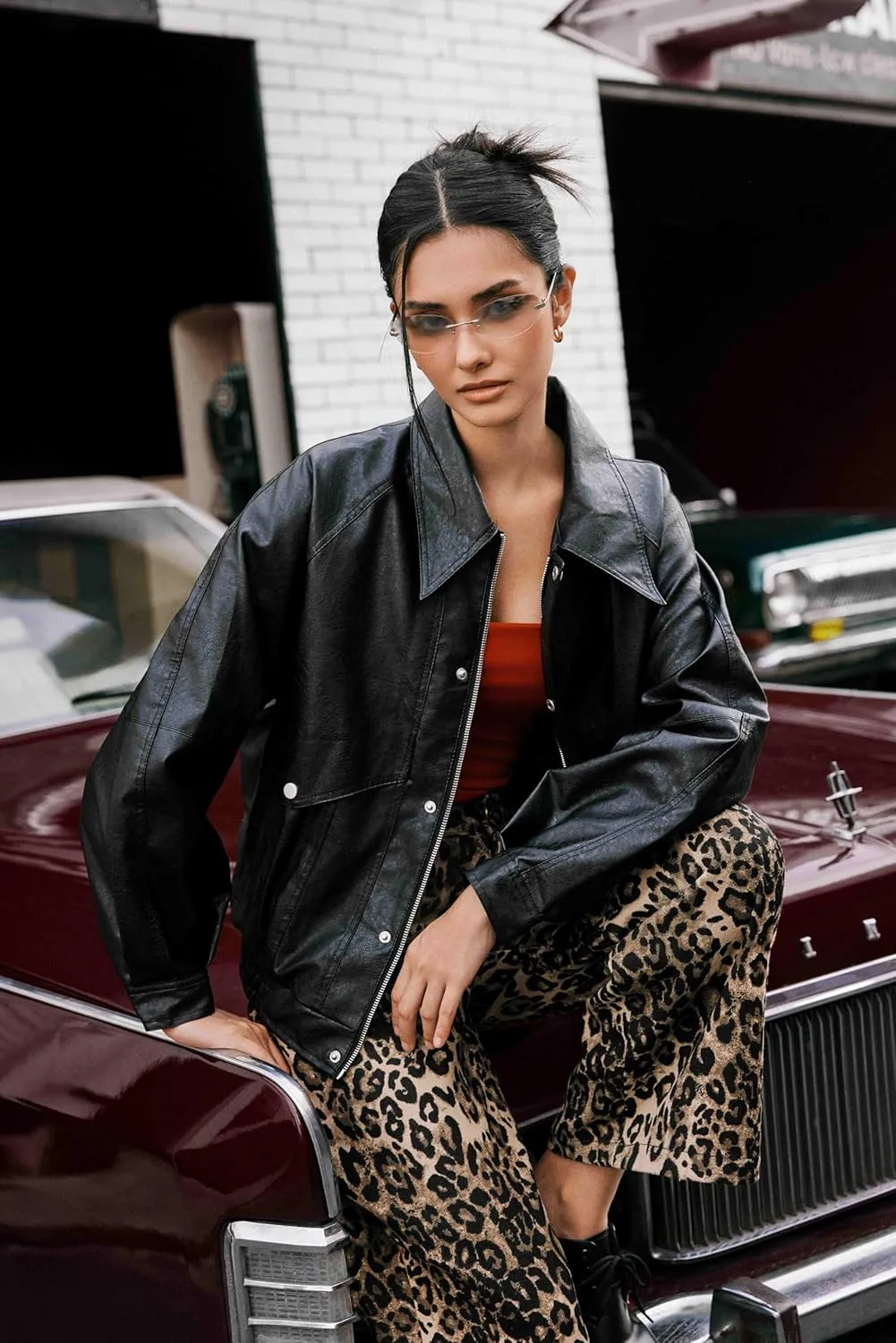 CIDER Faux Leather Zipper Jacket Women's Faux Leather Long Sleeve Zipper Jacket Trendy Cool Casual