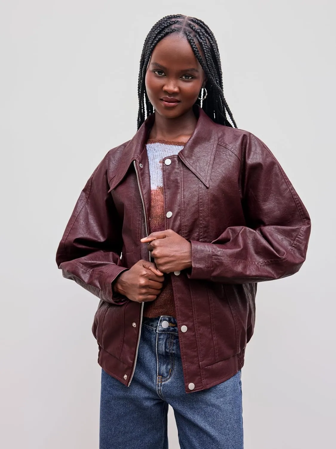 CIDER Faux Leather Zipper Jacket Women's Faux Leather Long Sleeve Zipper Jacket Trendy Cool Casual