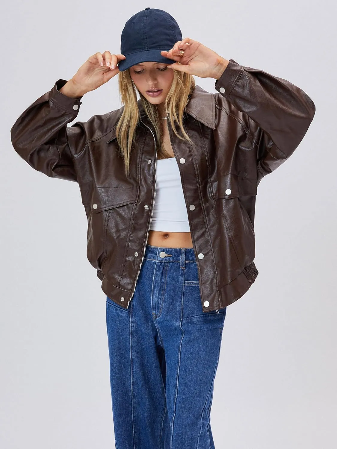 CIDER Faux Leather Zipper Jacket Women's Faux Leather Long Sleeve Zipper Jacket Trendy Cool Casual