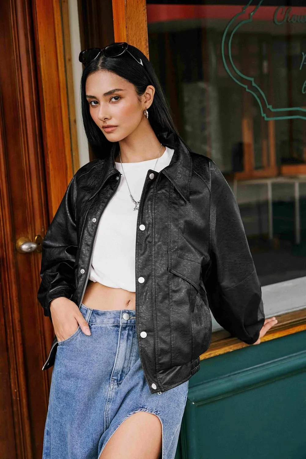 CIDER Faux Leather Zipper Jacket Women's Faux Leather Long Sleeve Zipper Jacket Trendy Cool Casual