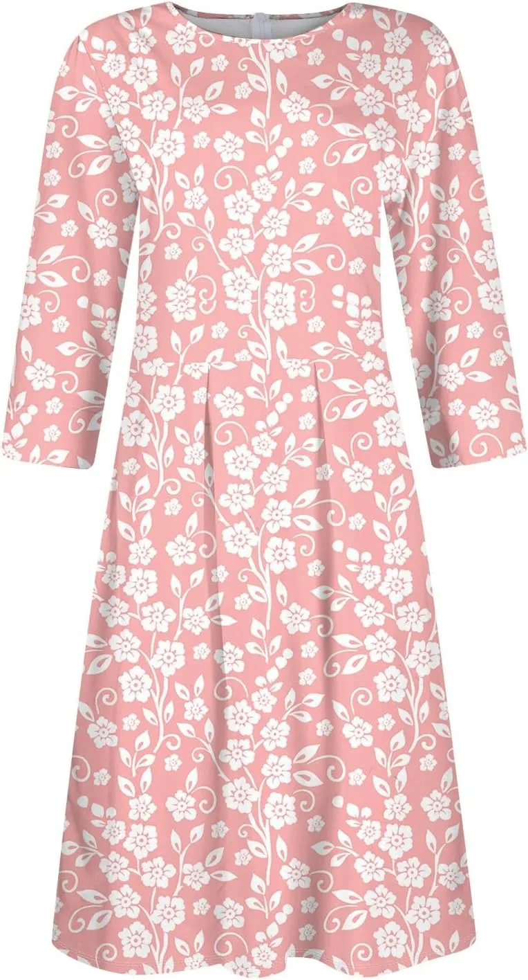 Elegant Women's Floral Print A-Line Midi Dress with 3/4 Sleeves Perfect for Casual and Formal Occasions