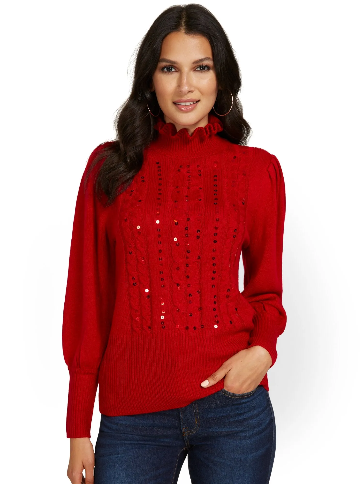 Embellished Frill-Neck Pullover Sweater