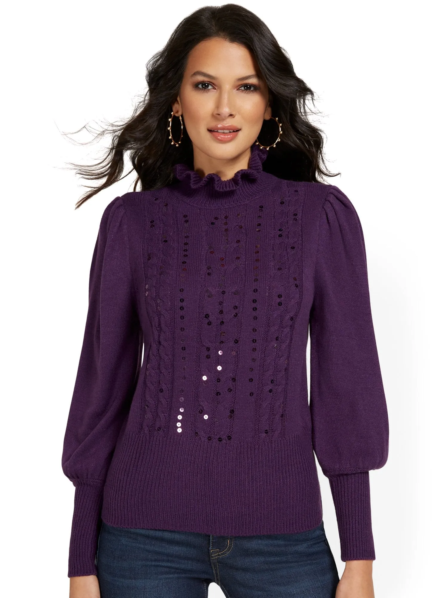 Embellished Frill-Neck Pullover Sweater