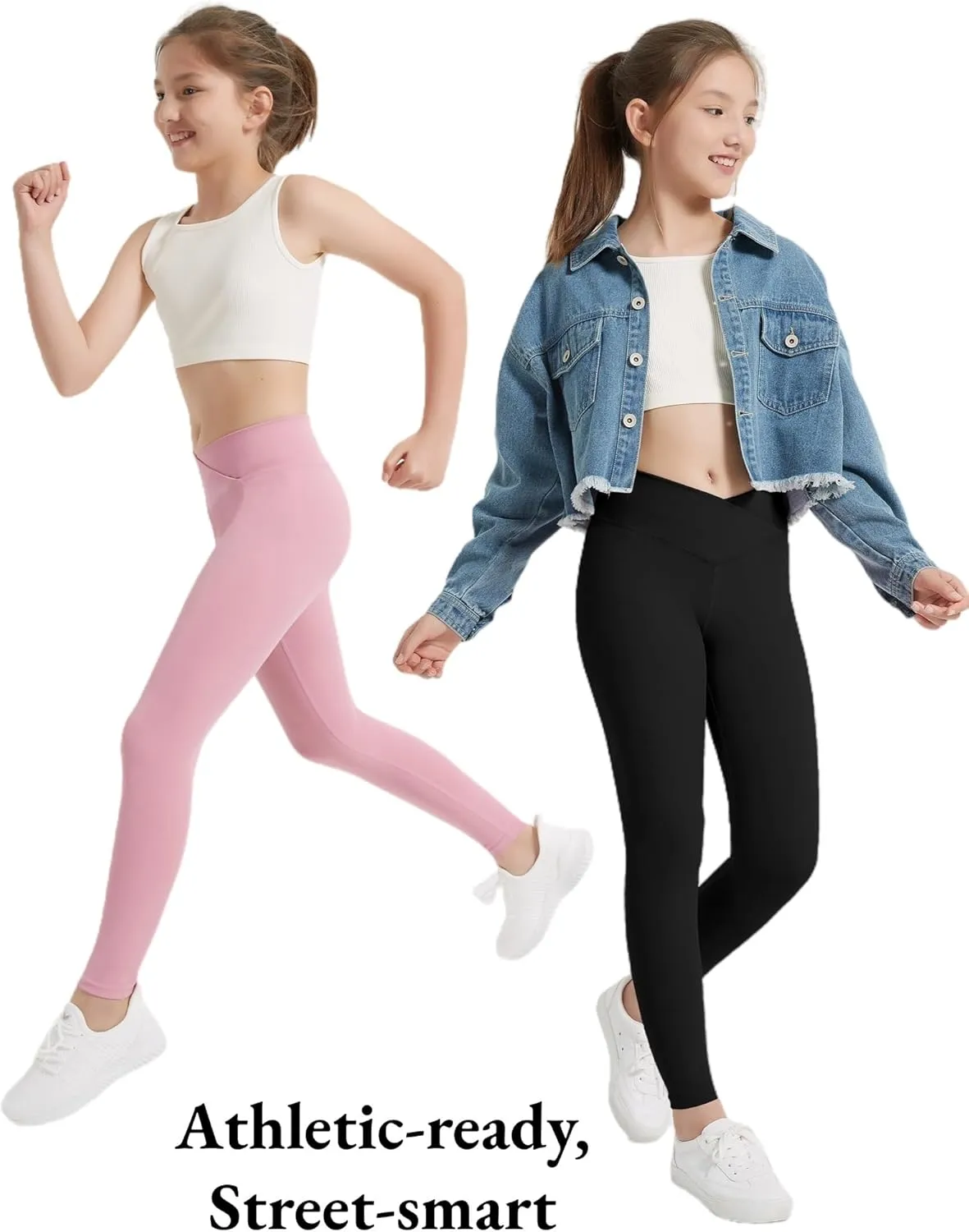 EXARUS 4 Pack Girls Leggings Kids Yoga Pants Crossover V Waist Ankle/Full Length High Waisted for School Casual Dance