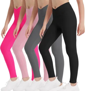 EXARUS 4 Pack Girls Leggings Kids Yoga Pants Crossover V Waist Ankle/Full Length High Waisted for School Casual Dance