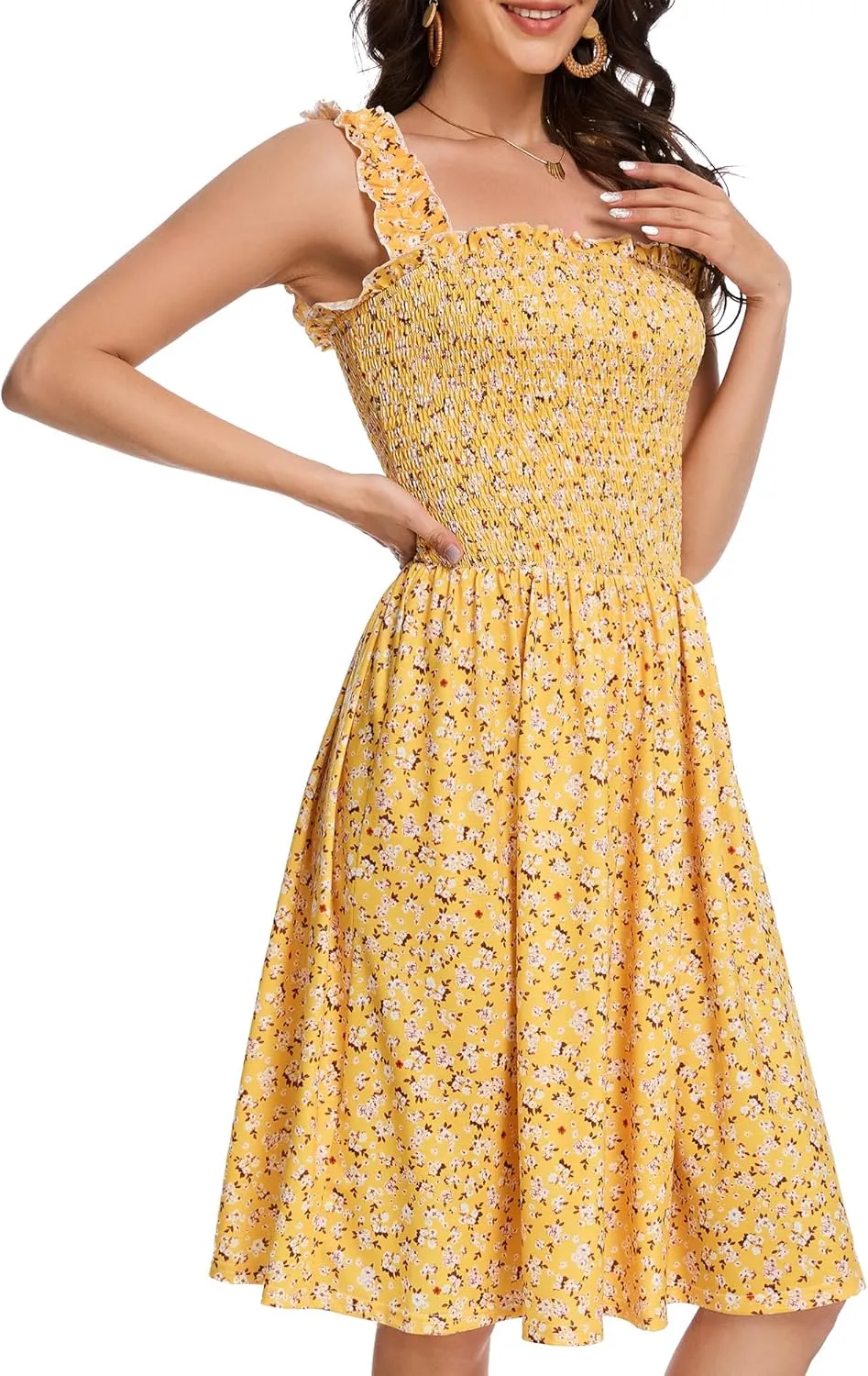 Floral Print Sundress for Women Square Neck Sleeveless Smocked Flowy Mini Short Boho Summer Dresses