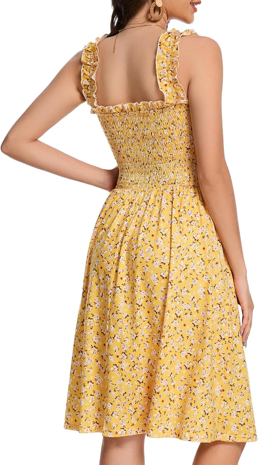 Floral Print Sundress for Women Square Neck Sleeveless Smocked Flowy Mini Short Boho Summer Dresses