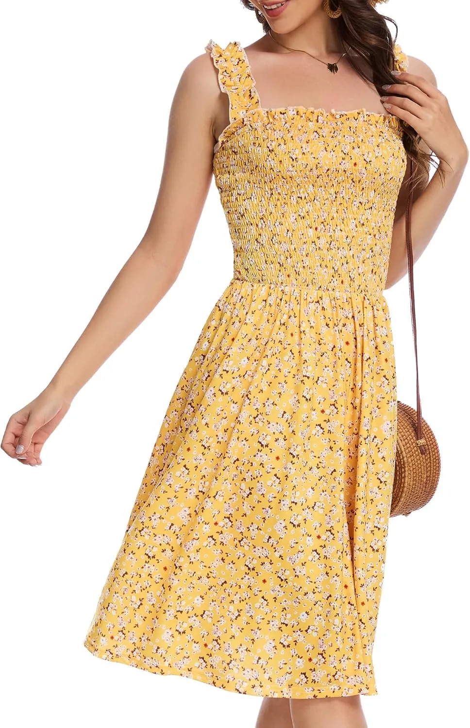 Floral Print Sundress for Women Square Neck Sleeveless Smocked Flowy Mini Short Boho Summer Dresses