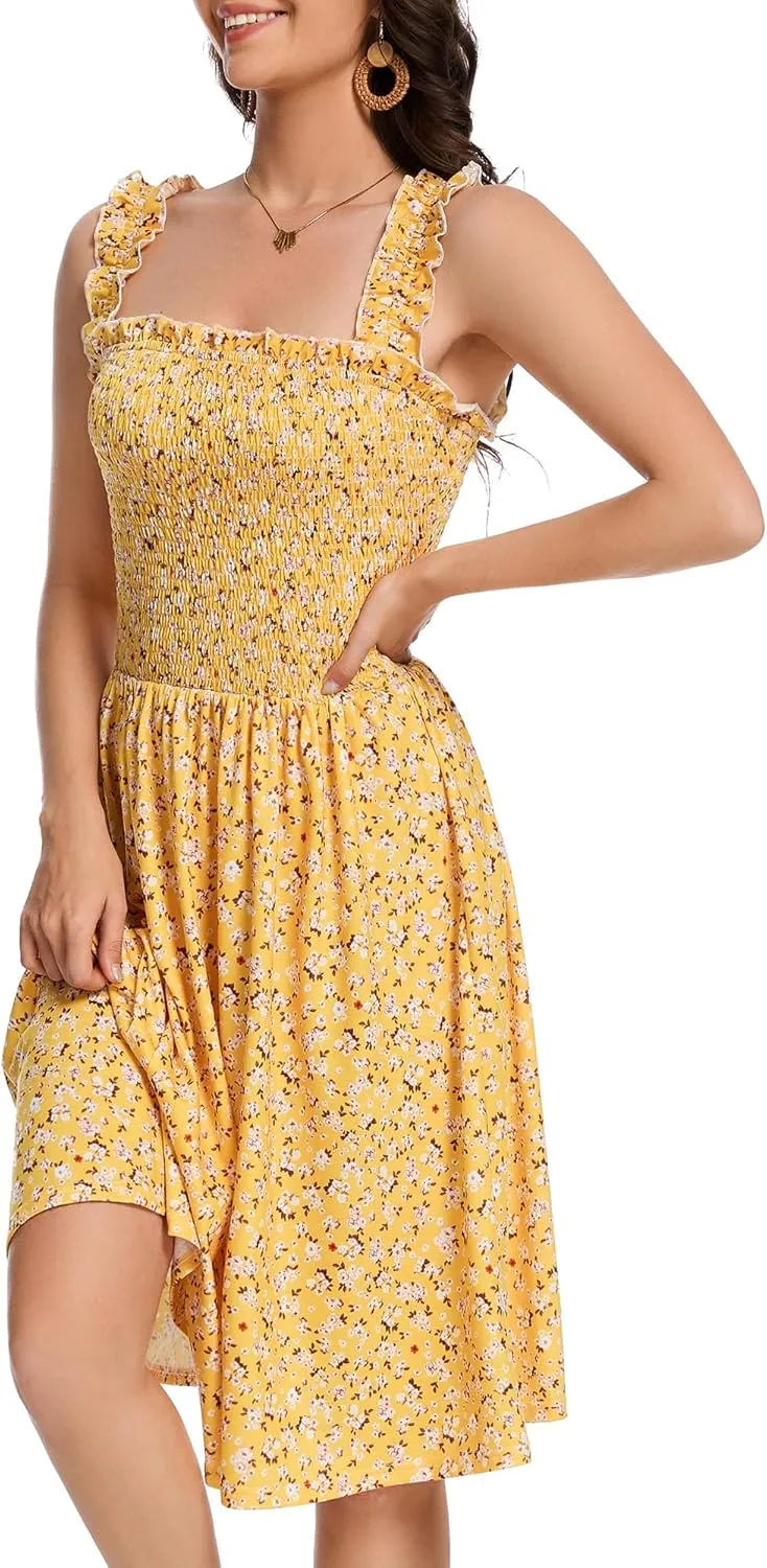 Floral Print Sundress for Women Square Neck Sleeveless Smocked Flowy Mini Short Boho Summer Dresses