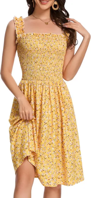 Floral Print Sundress for Women Square Neck Sleeveless Smocked Flowy Mini Short Boho Summer Dresses