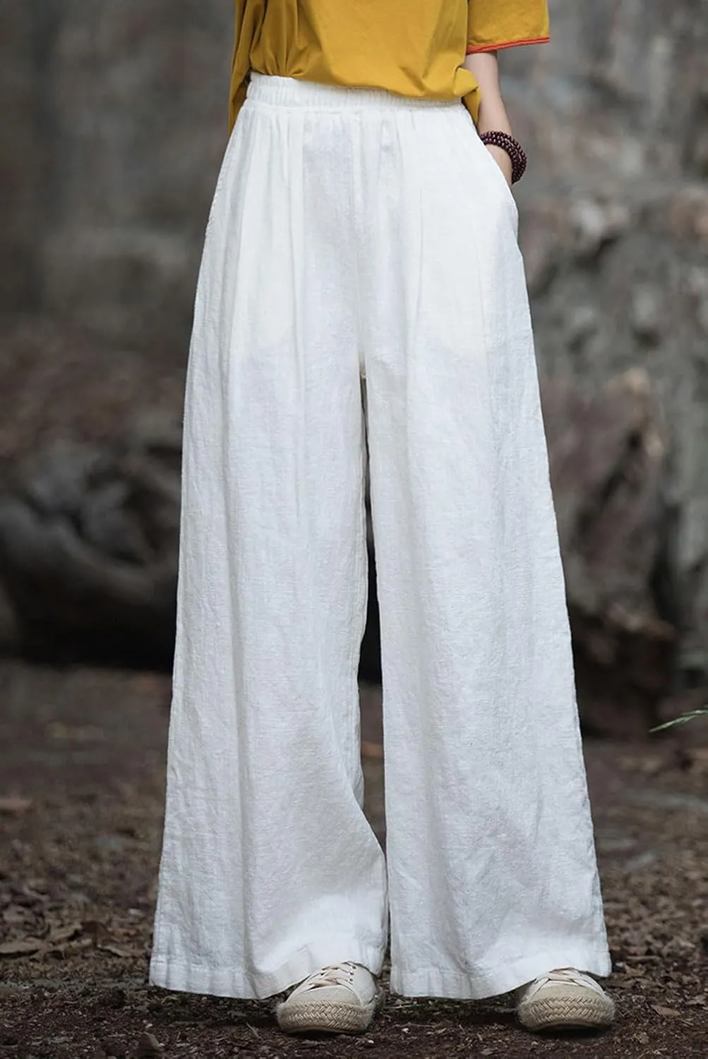 GGUHHU Womens Casual Cotton Linen Wide Leg Long Pants Elastic High Waist Loose Plazzo Trousers