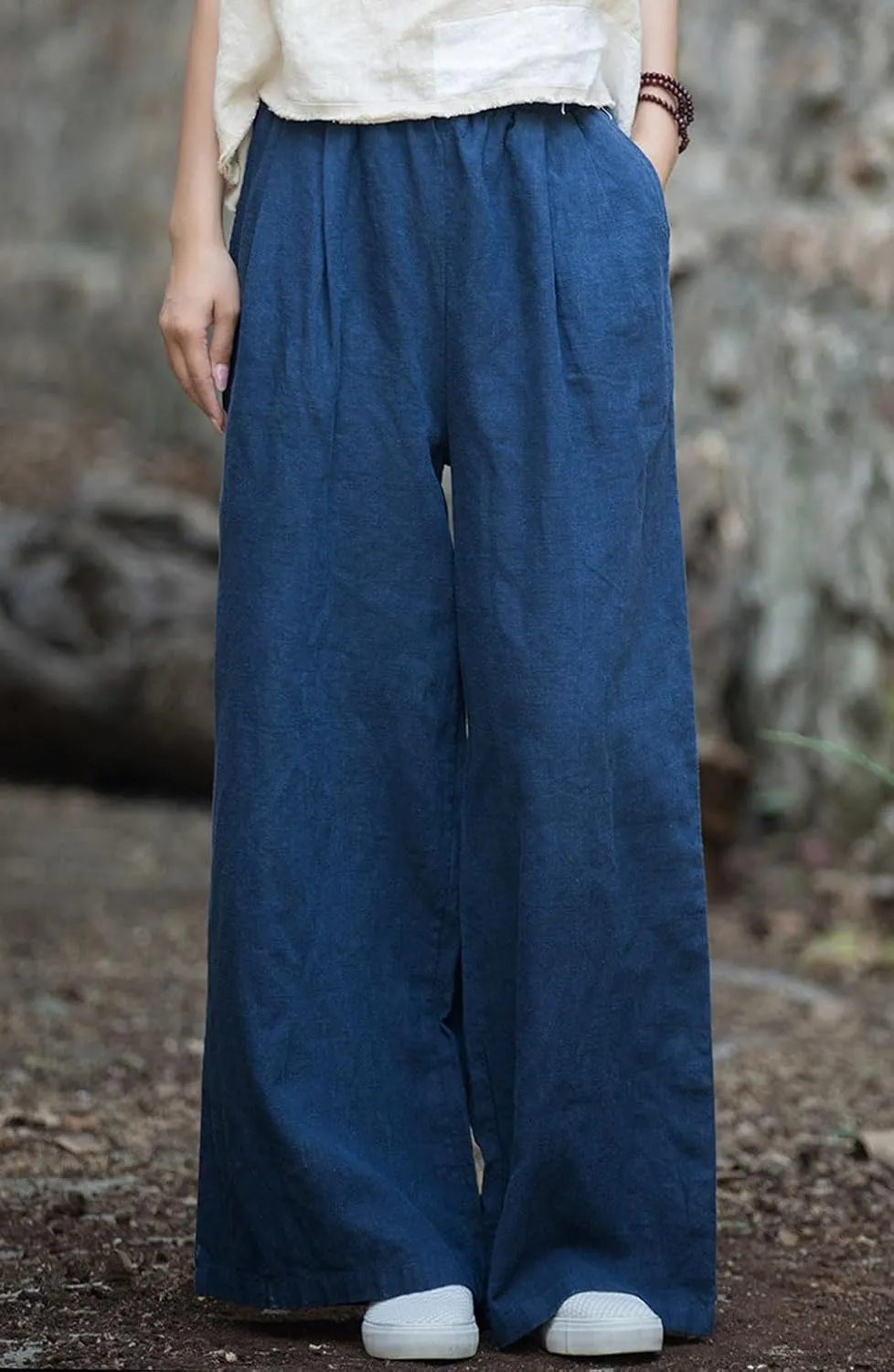 GGUHHU Womens Casual Cotton Linen Wide Leg Long Pants Elastic High Waist Loose Plazzo Trousers