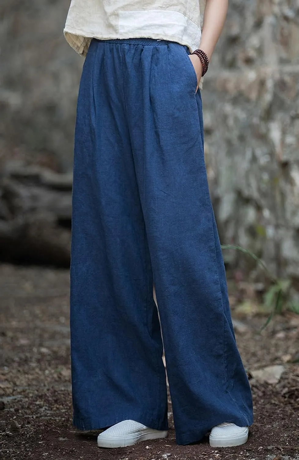 GGUHHU Womens Casual Cotton Linen Wide Leg Long Pants Elastic High Waist Loose Plazzo Trousers