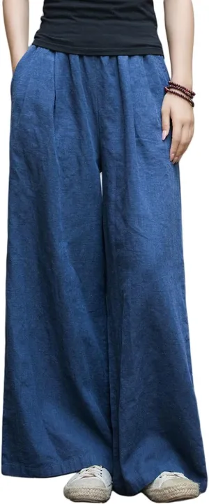 GGUHHU Womens Casual Cotton Linen Wide Leg Long Pants Elastic High Waist Loose Plazzo Trousers