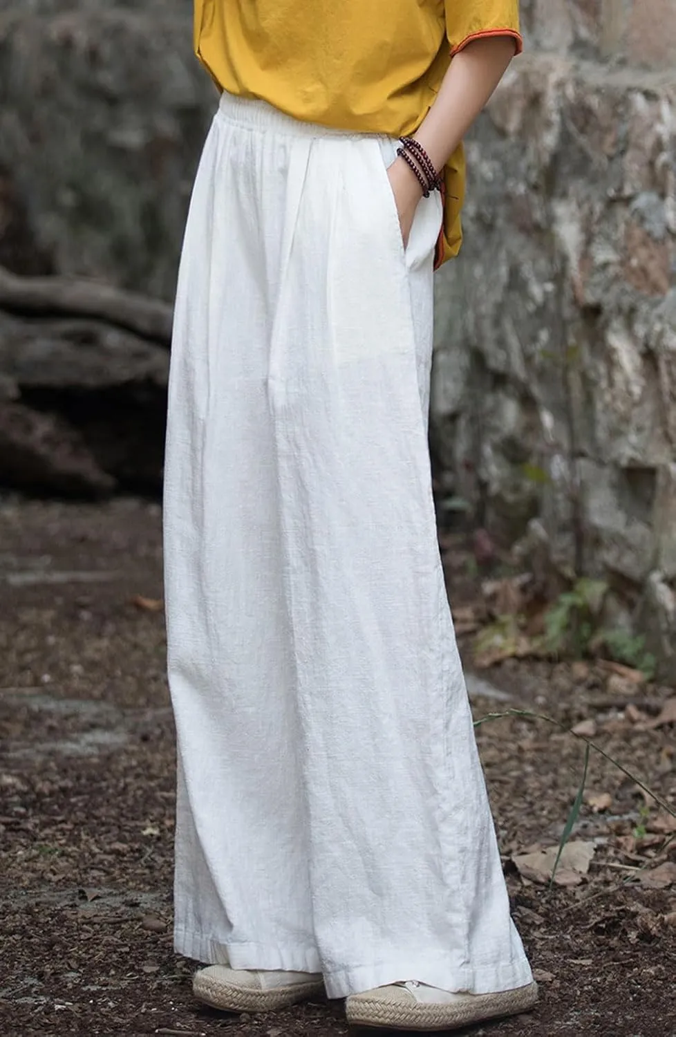 GGUHHU Womens Casual Cotton Linen Wide Leg Long Pants Elastic High Waist Loose Plazzo Trousers