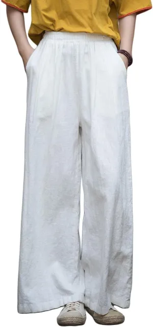 GGUHHU Womens Casual Cotton Linen Wide Leg Long Pants Elastic High Waist Loose Plazzo Trousers