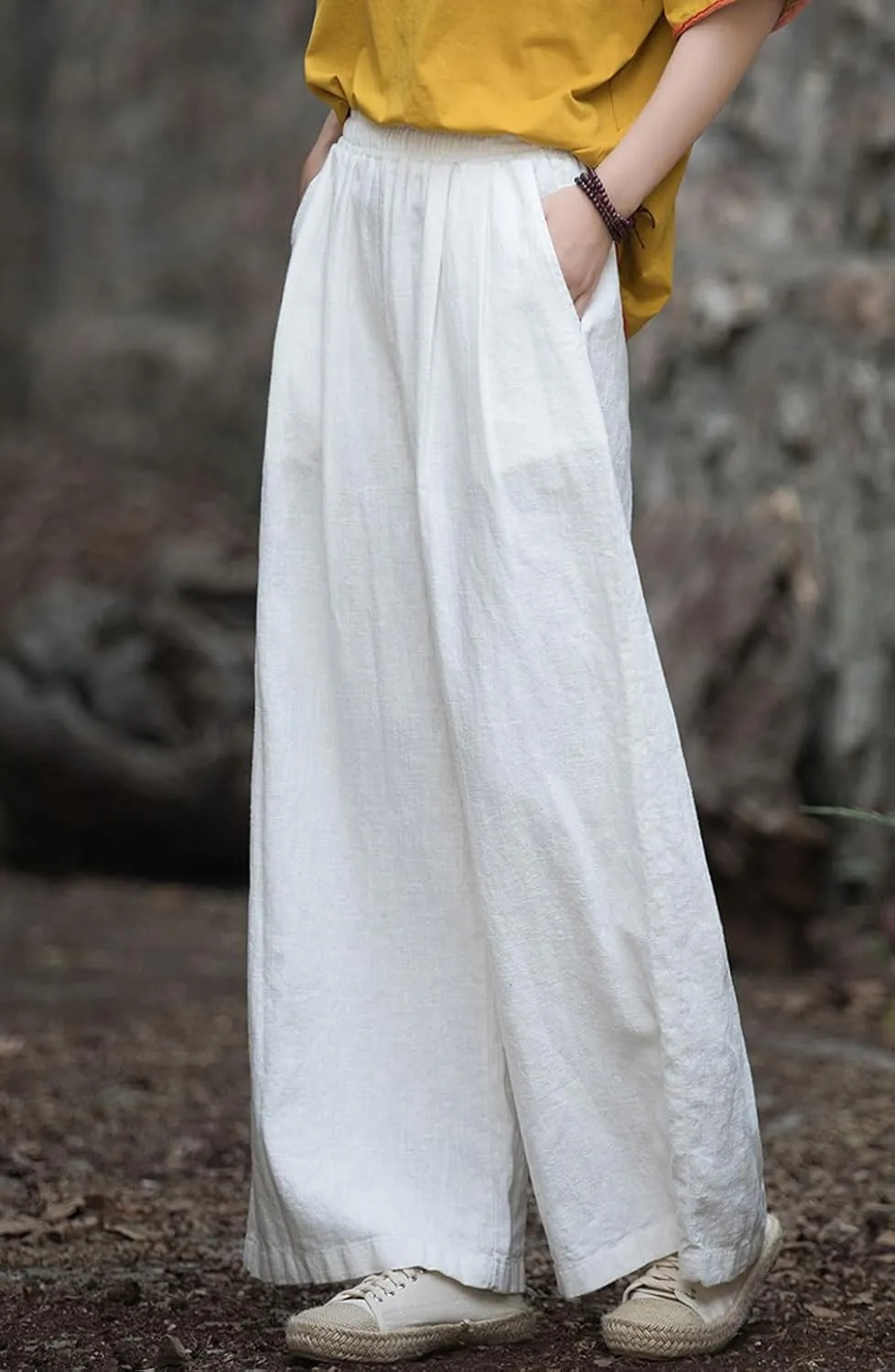 GGUHHU Womens Casual Cotton Linen Wide Leg Long Pants Elastic High Waist Loose Plazzo Trousers