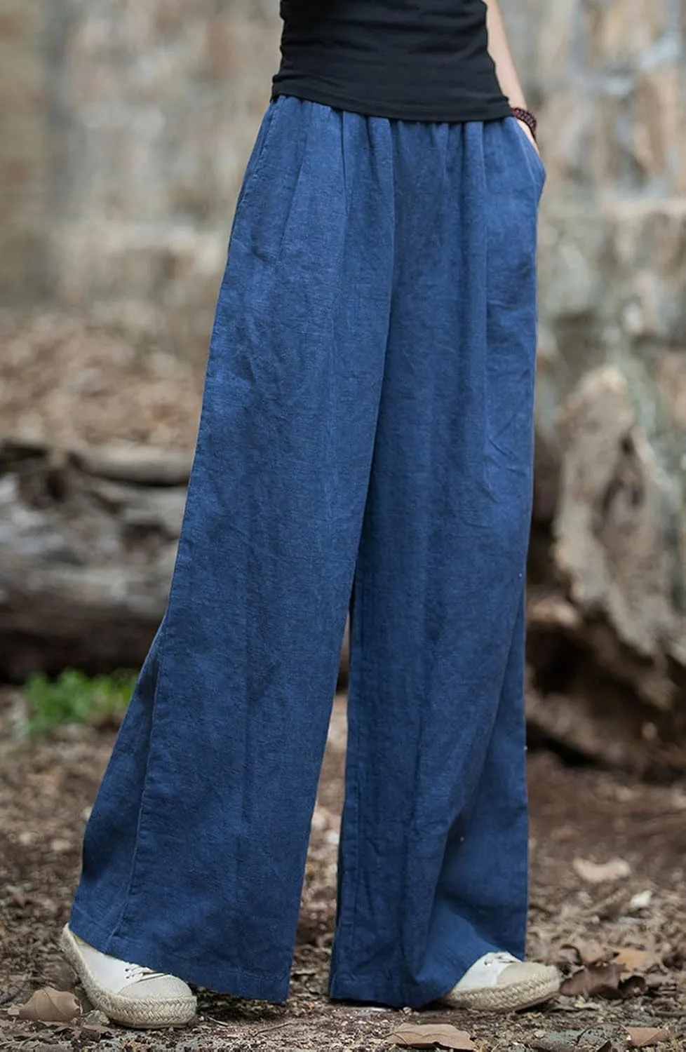 GGUHHU Womens Casual Cotton Linen Wide Leg Long Pants Elastic High Waist Loose Plazzo Trousers